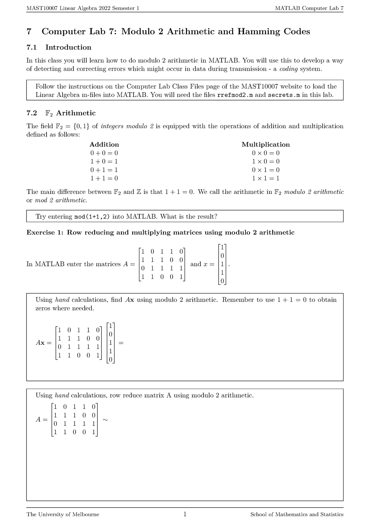 Laboratory Class 7 For MAST10007 - 7 Computer Lab 7: Modulo 2 ...