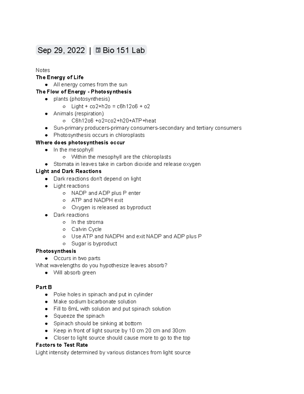 Notes - Bio 151 Energy of Life Lab - Sep 29, 2022 | Bio 151 Lab Notes ...