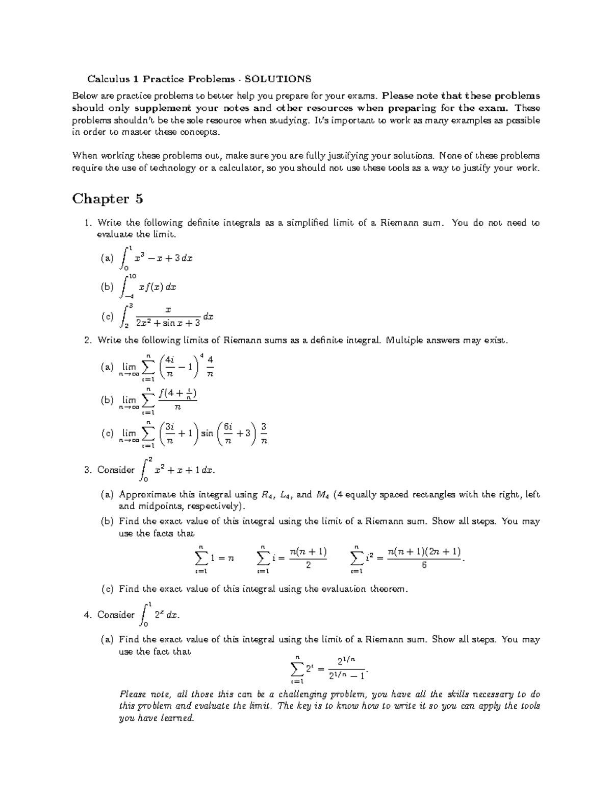 Chapter 5 Practice - Homework - Calculus 1 Practice Problems ...