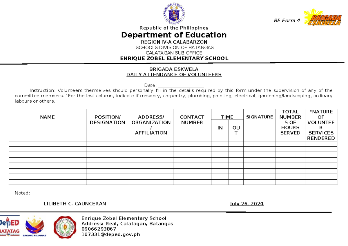 BE Forms - School records - Enrique Zobel Elementary School Address ...