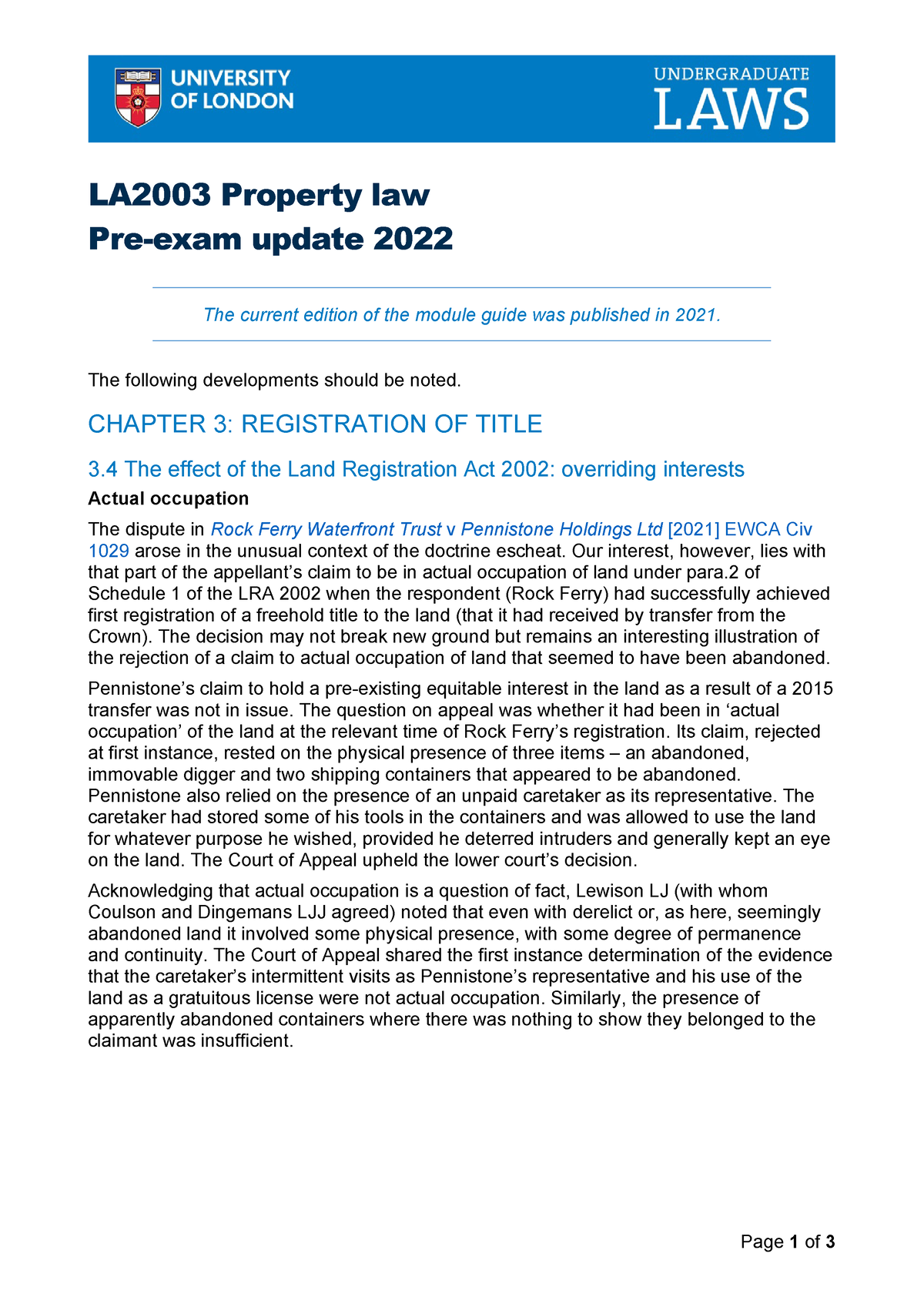 Property-pre Exam Update - Page 1 Of 3 LA2003 Property Law Pre-exam ...