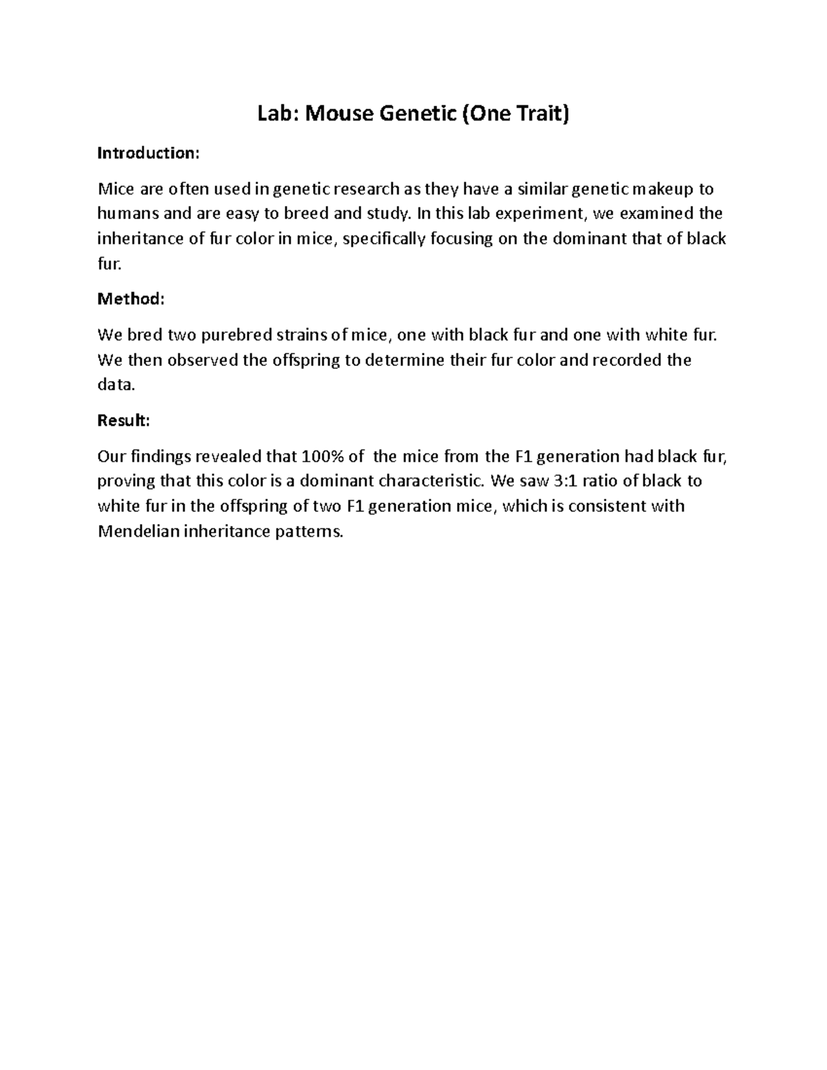 lab mouse genetics (one trait) assignment lab report active