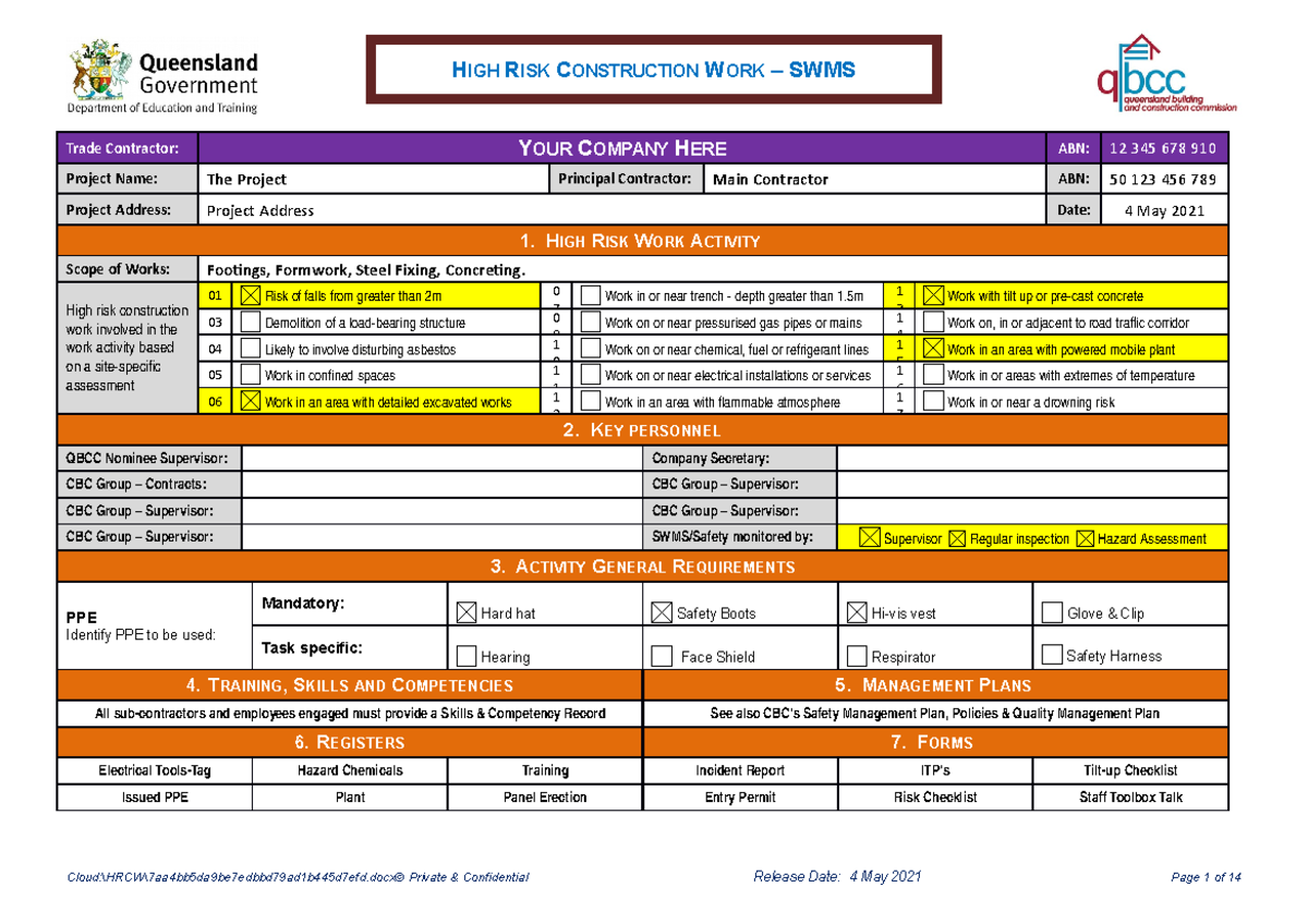 HRCW - SWMS - HRCW - Trade Contractor: YOUR COMPANY HERE ABN: 12 345 ...