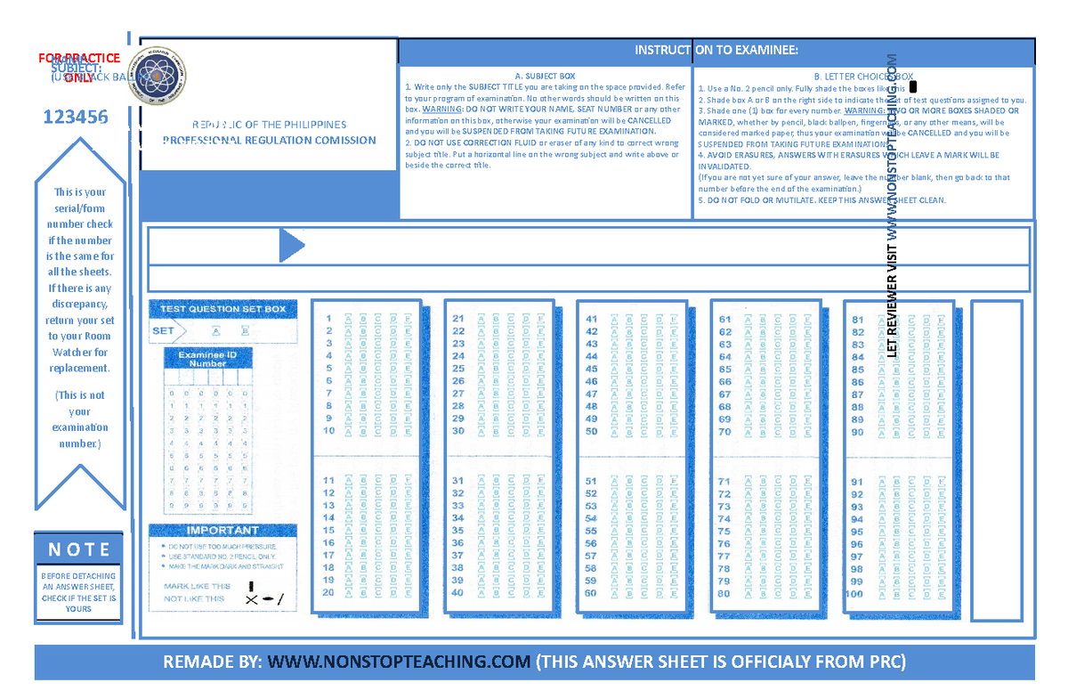 Sample LET Answer Sheet INSTRUCTION TO EXAMINEE FOR PRACTICE ONLY 
