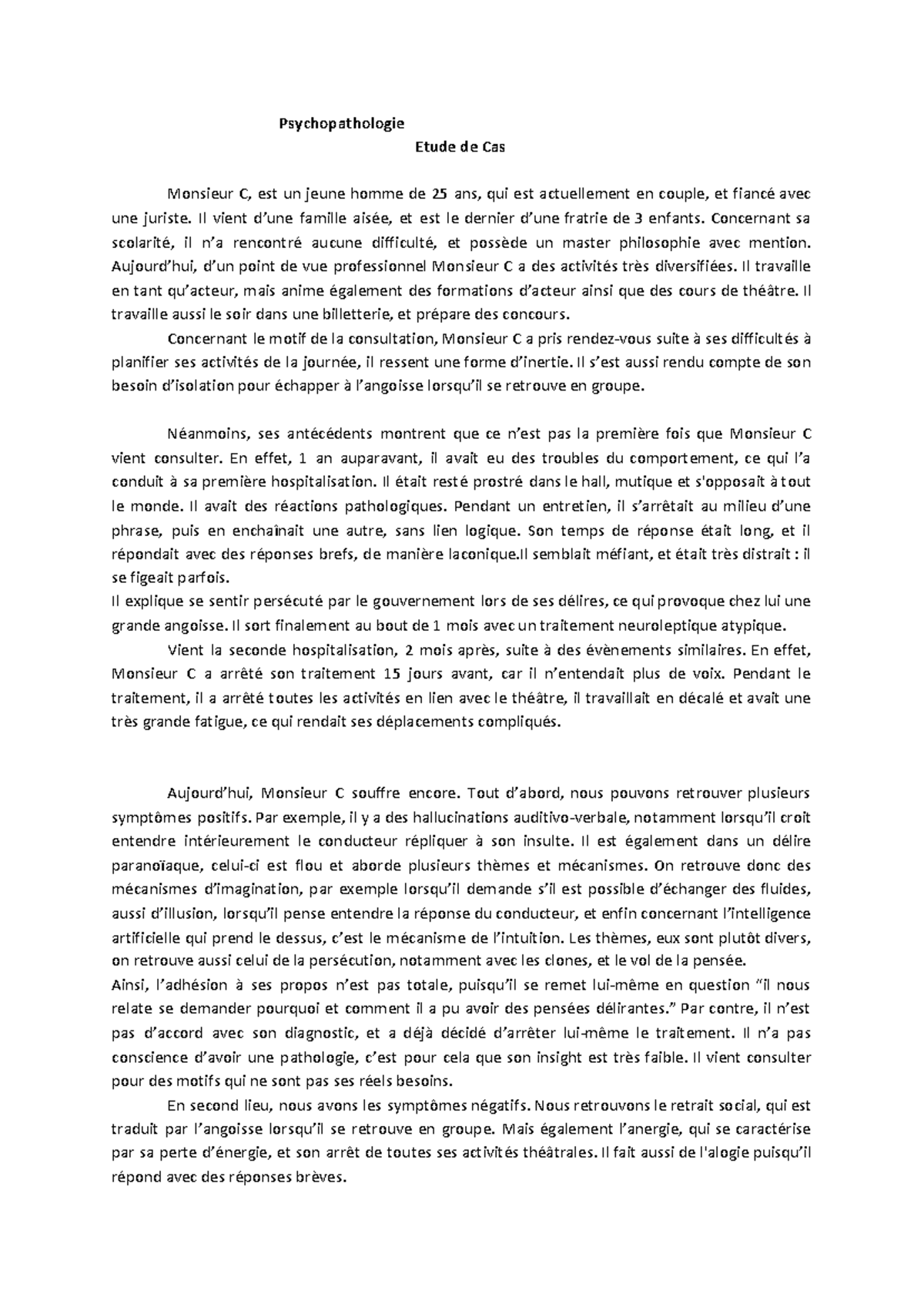 Psychopathologie Étude de cas L2 Psychopathologie Etude de Cas