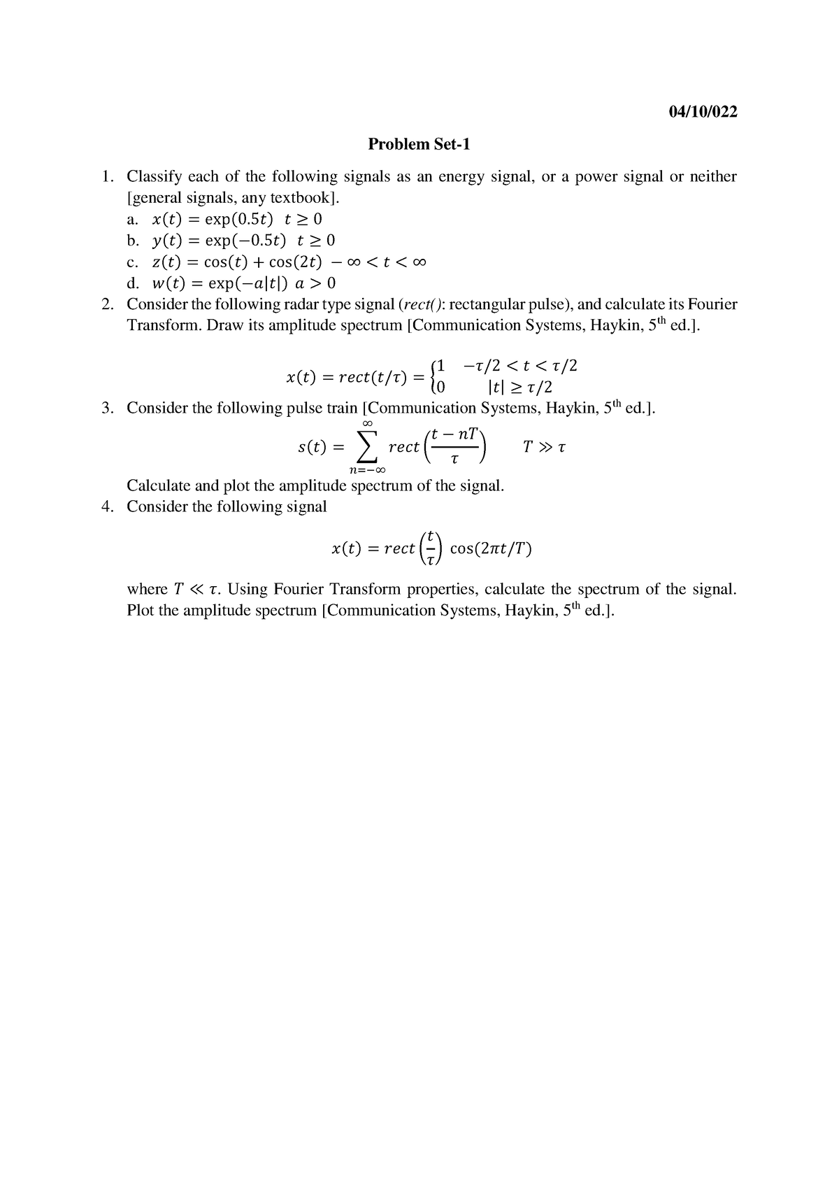 Problems-EM Communication Overview - 04/10/ Problem Set- 1 Classify ...