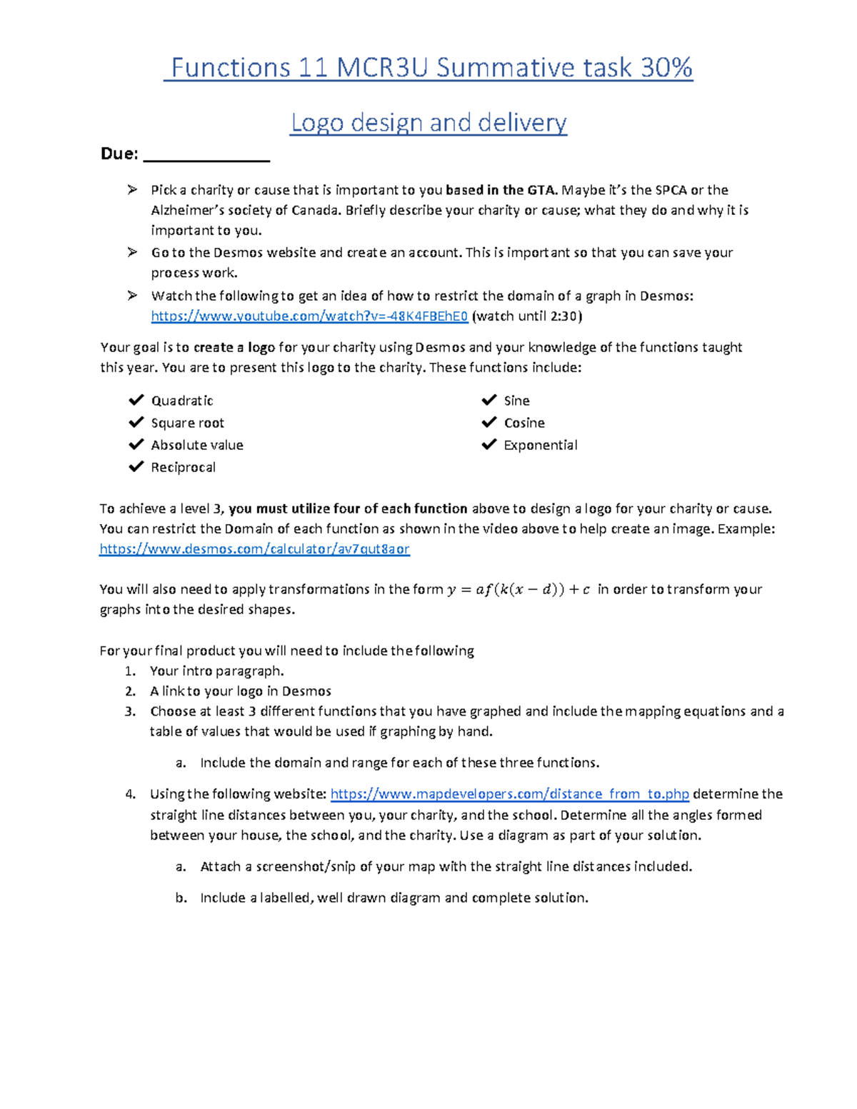 Functions 11 MCR3U Summative task (1) (13) - Functions 11 MCR3U ...
