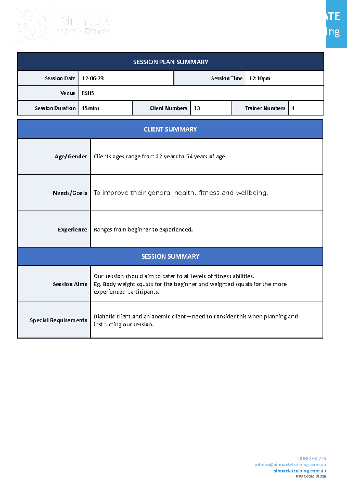 Session Plan - Group Training - SESSION PLAN SUMMARY Session Date 12-06 ...