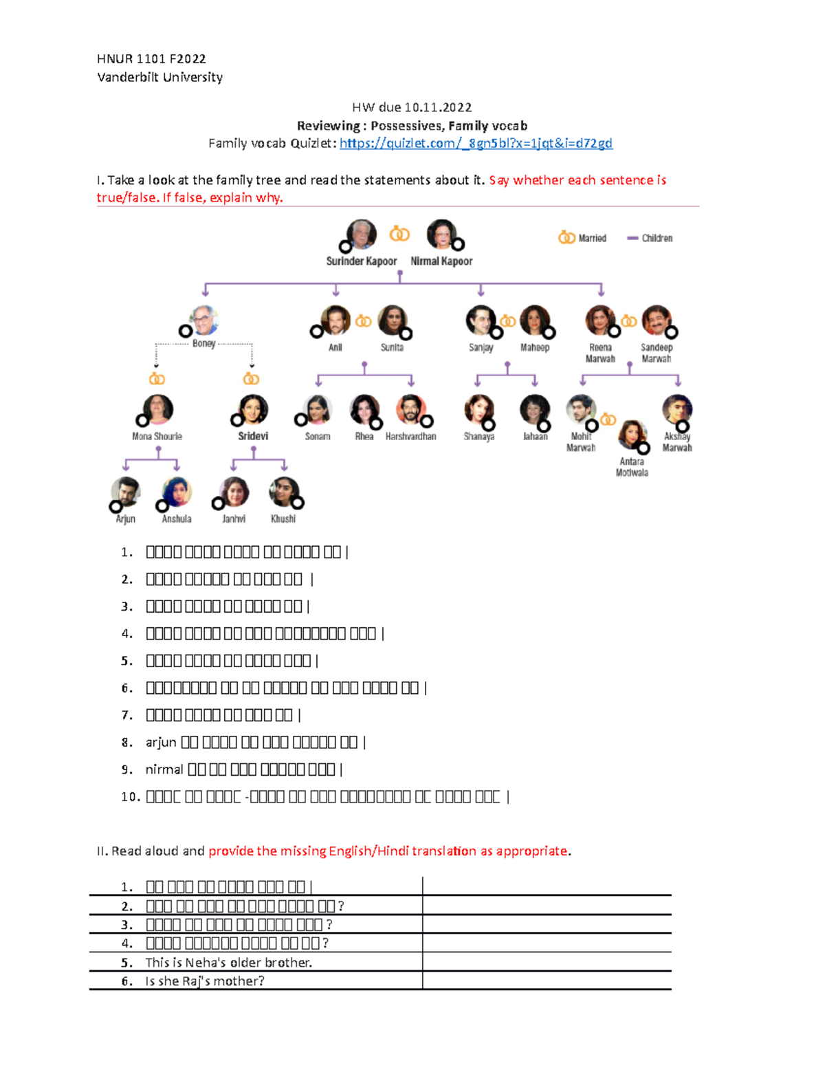 10-11 due HW family tree intro to possessives - HNUR 1101 F Vanderbilt ...