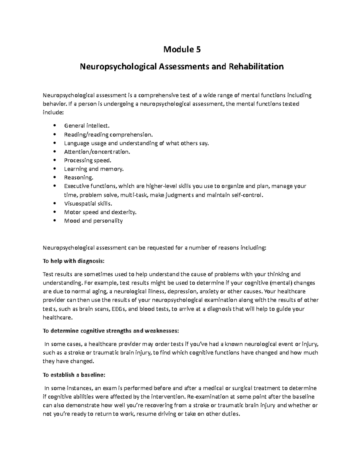 Neuropsychology module 5 - Module 5 Neuropsychological Assessments and ...