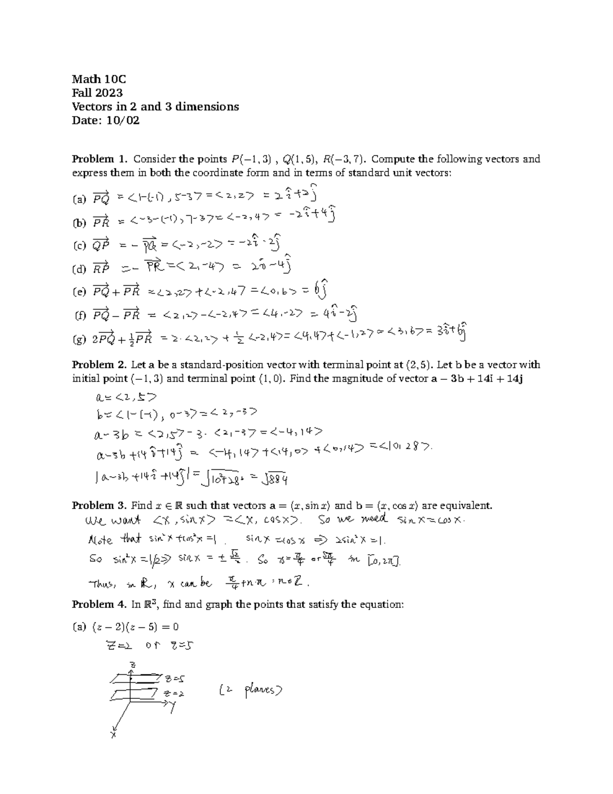 MATH10C Worksheet 1 Solutions - Math 10C Fall 2023 Vectors in 2 and 3 ...