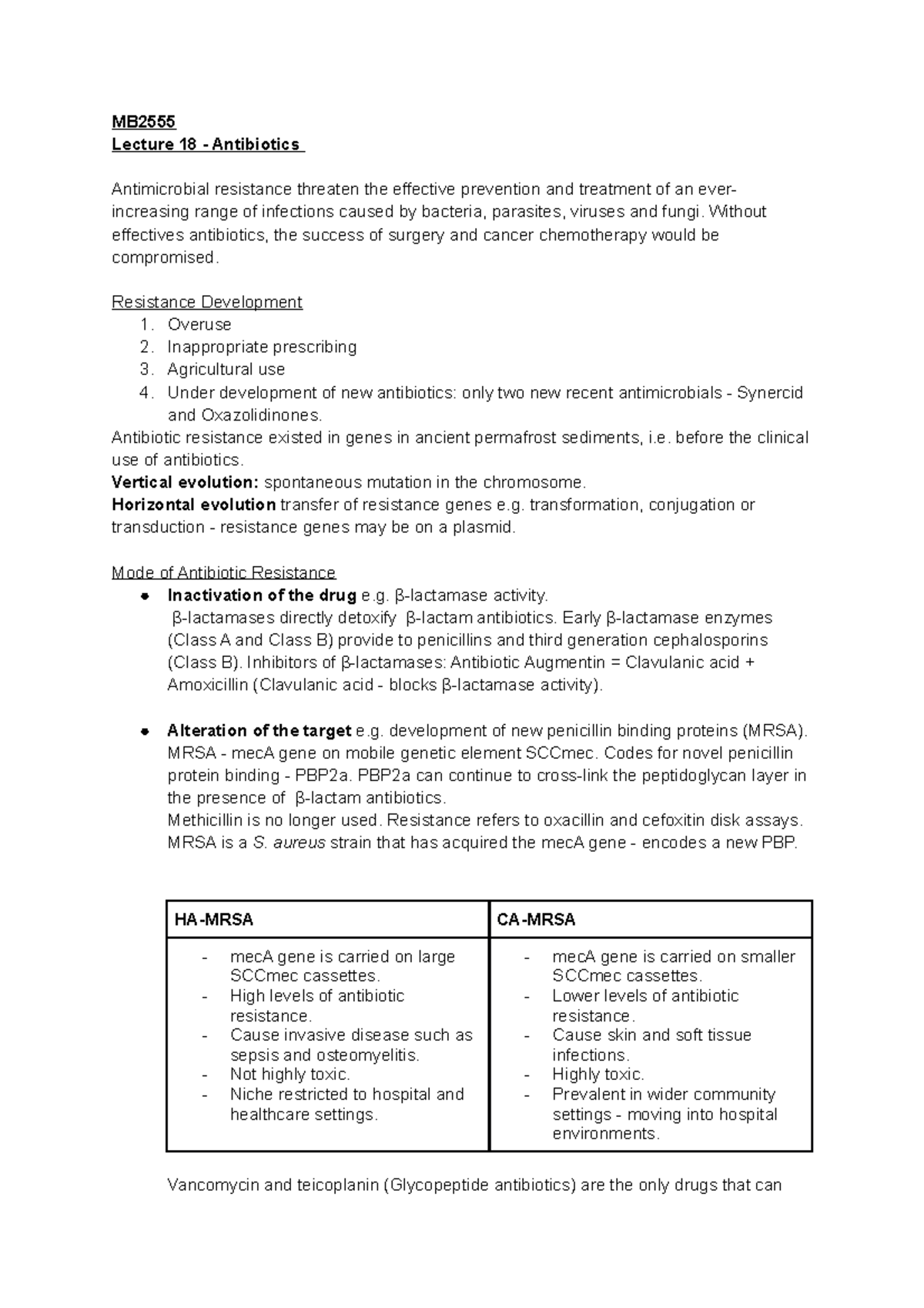 Lecture 18 Antibiotics (Resistance) MB Lecture 18 Antibiotics