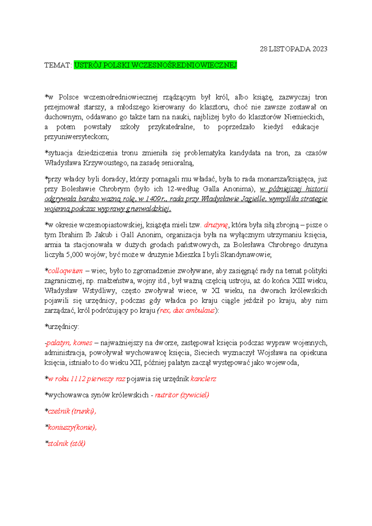 Ustrój Polski Wczesnośredniowiecznej - 28 LISTOPADA 2023 TEMAT: USTRÓJ