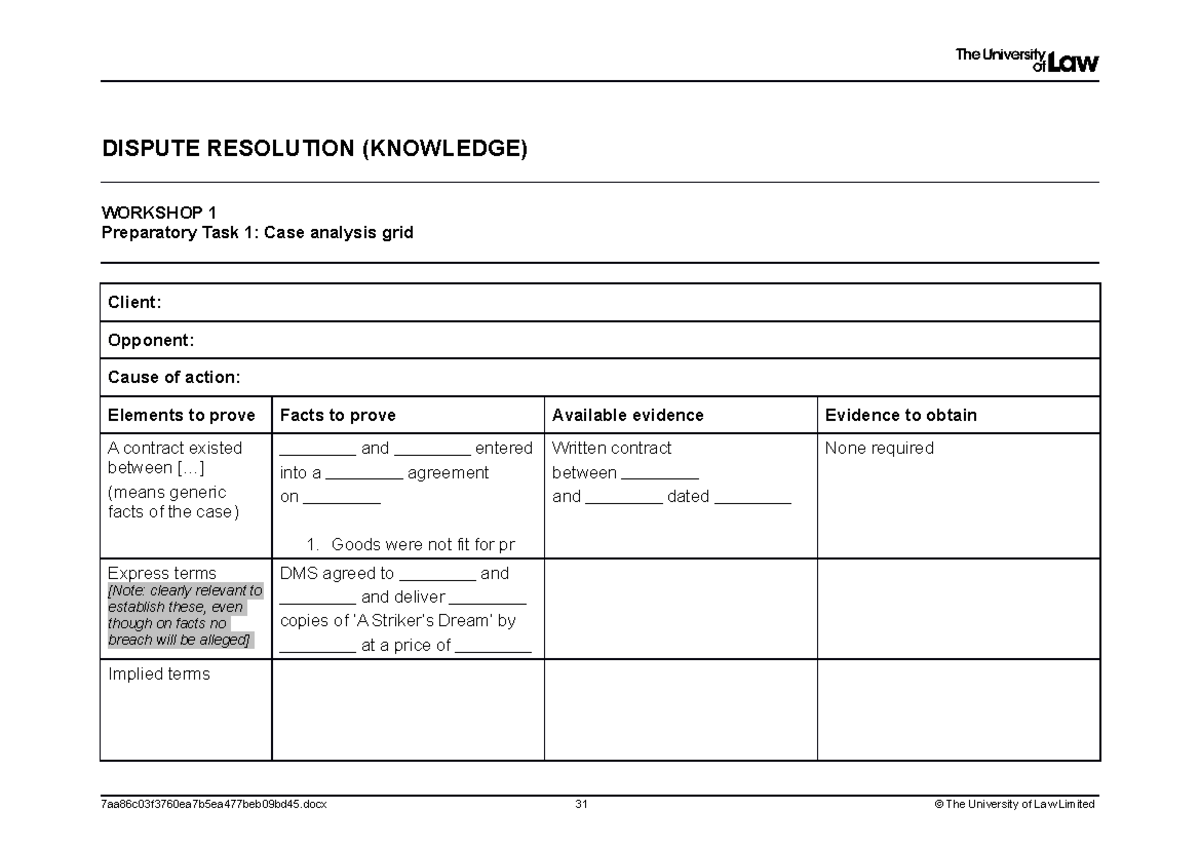 2122 dis ws01 ce01 blank case analysis grid - DISPUTE RESOLUTION ...
