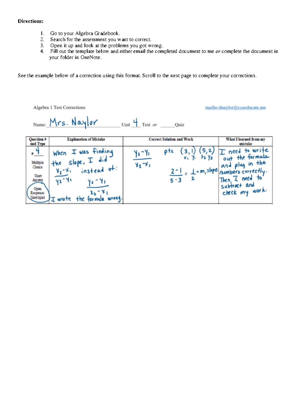 Test Corrections For Algebra Directions Go To Your Algebra Gradebook Search For The Test Corrections For Algebra Directions Go To Your Algebra Gradebook Search For The