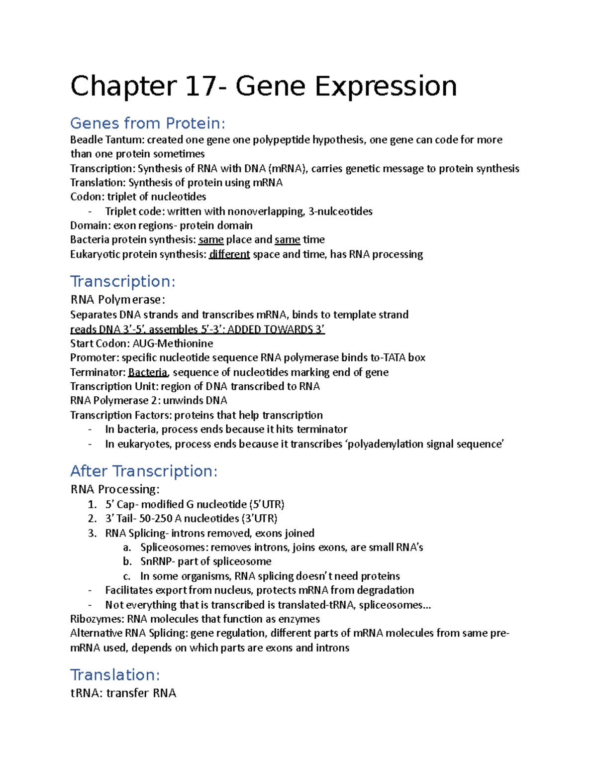 Chapter 17 Textbook Notes Chapter 17 Gene Expression Genes From