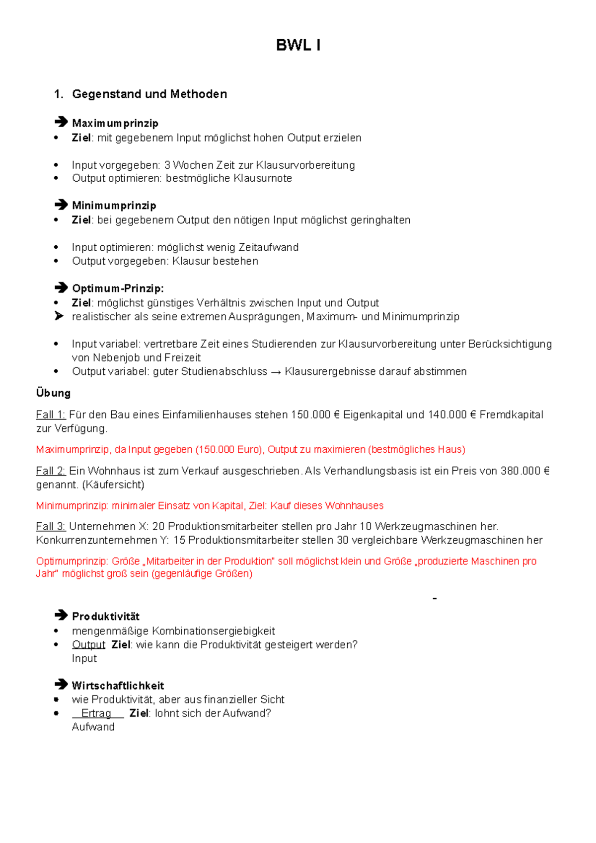 BWL Zusammenfassung - BWL I 1. Gegenstand Und Methoden Maximumprinzip ...