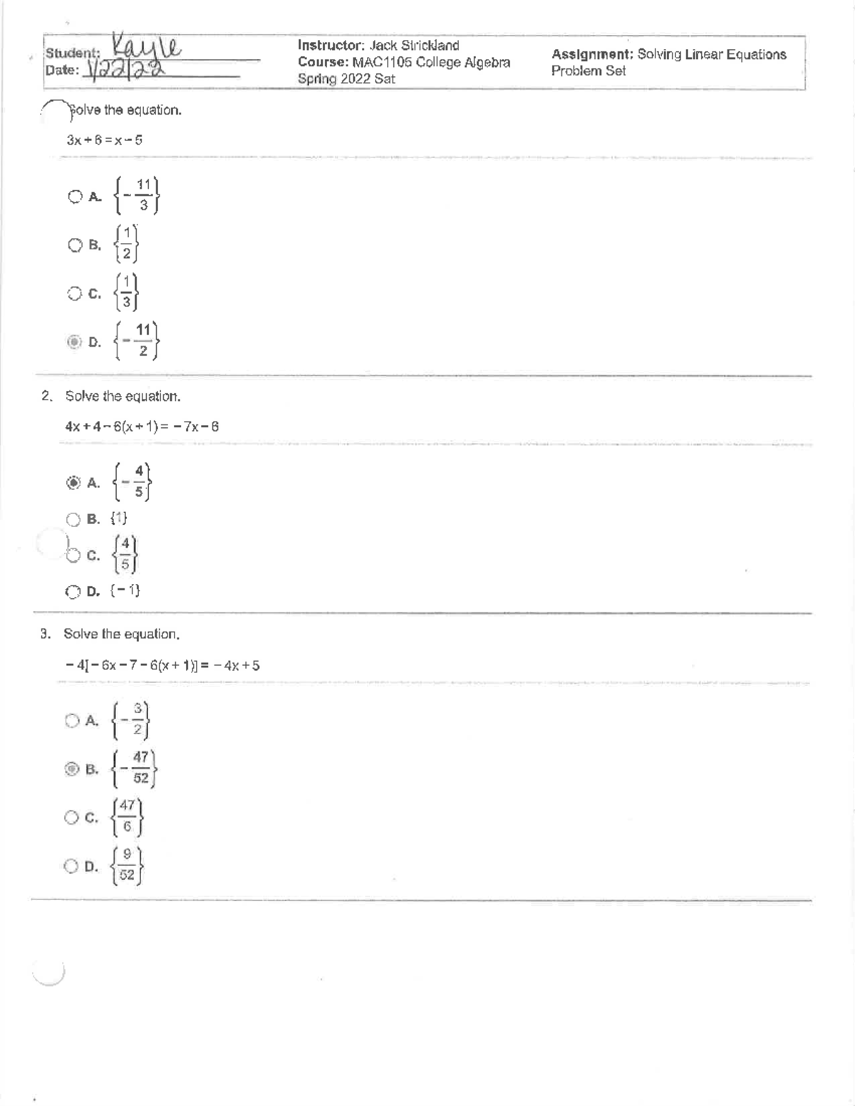 MAC1105 Solving linearequations problem set - MAC 1105 - Studocu
