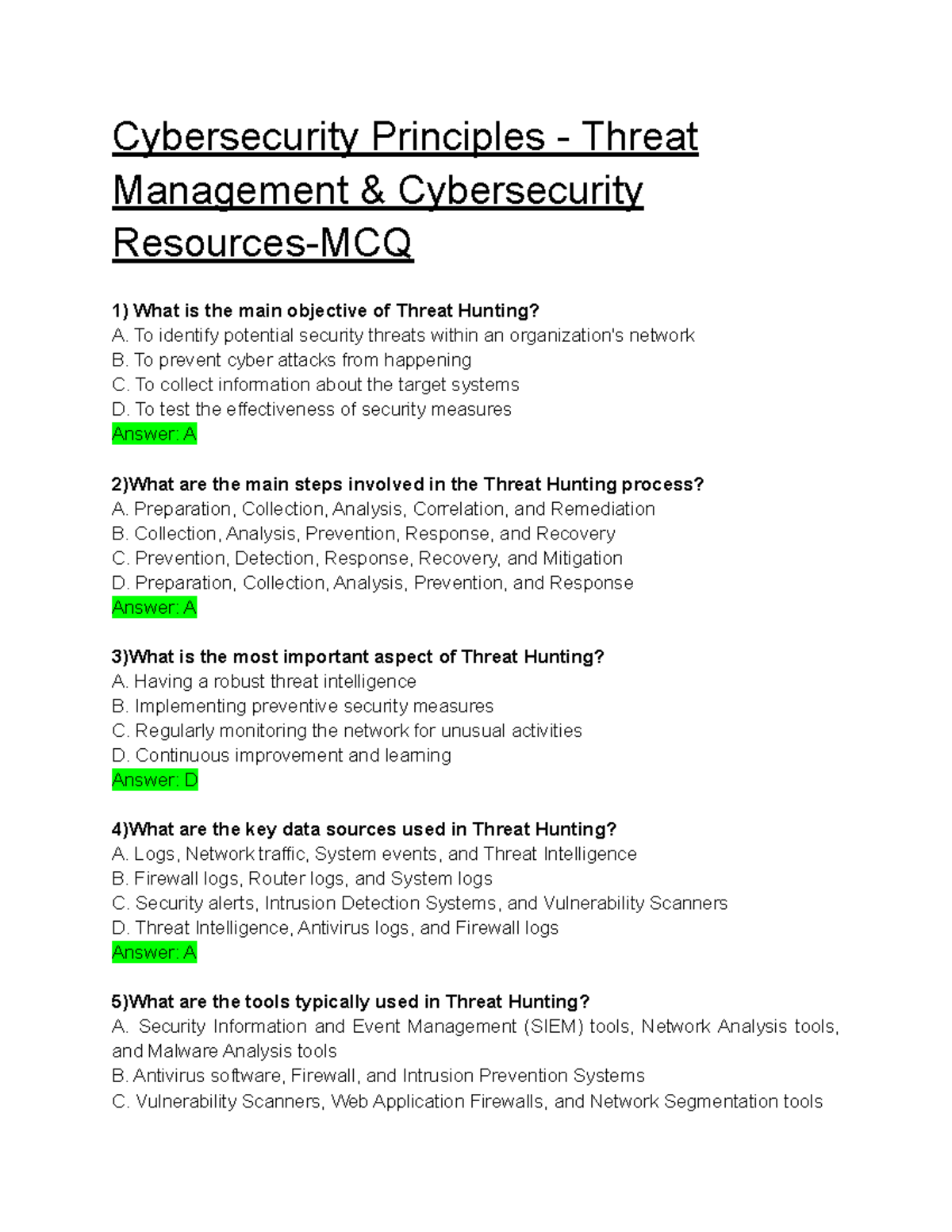 Threat Hunting - MCQ - Cybersecurity Principles - Threat Management ...