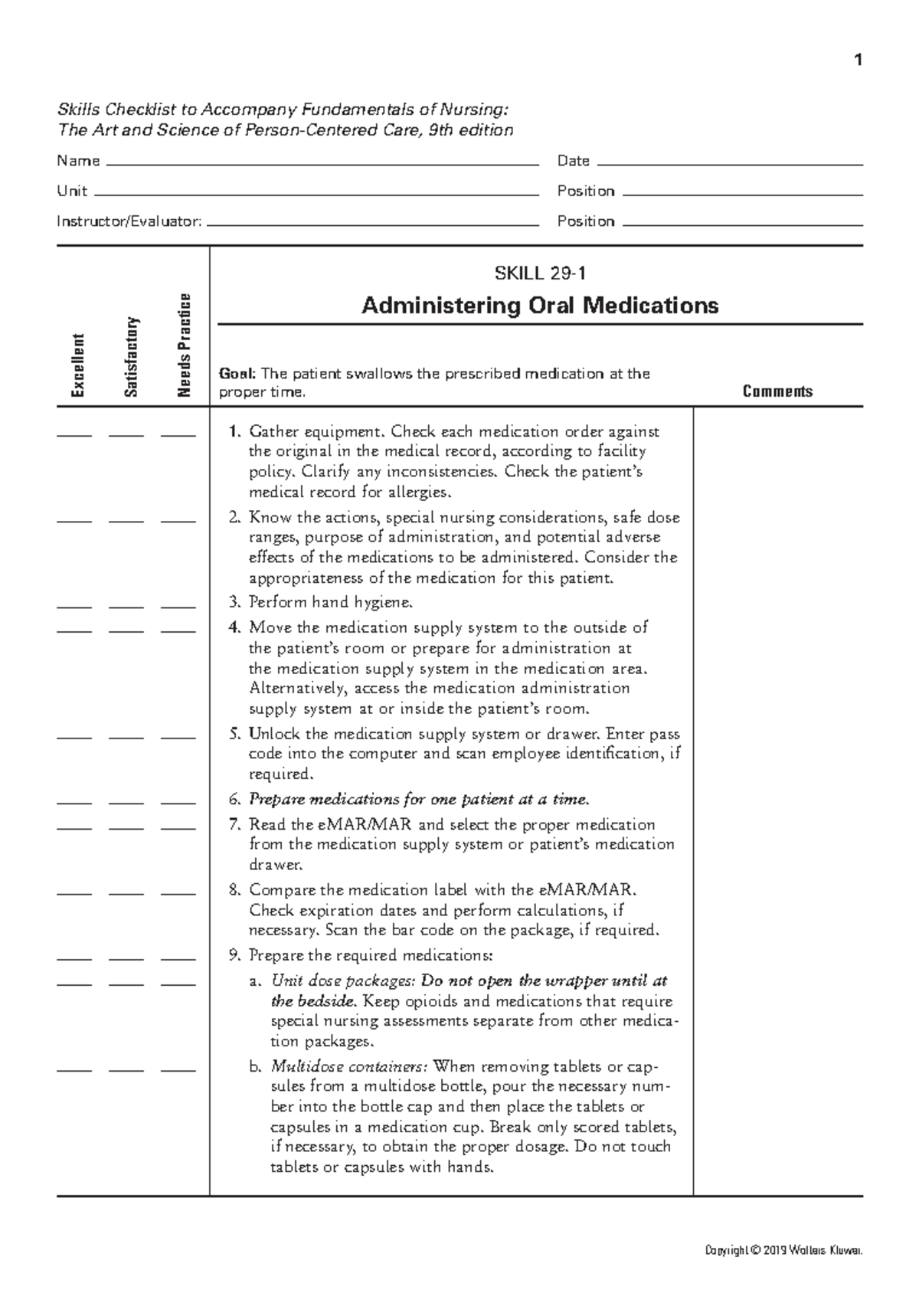 NSG100 Oral Medication Lab 1 Skills Checklist to