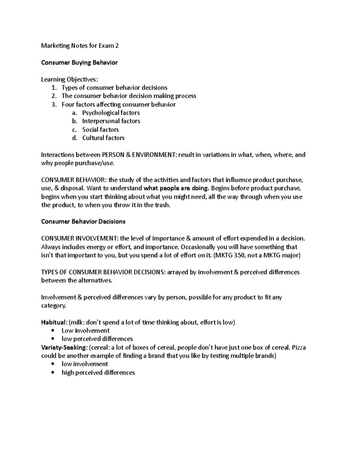 Marketing Notes for Exam 2 - Types of consumer behavior decisions 2 ...