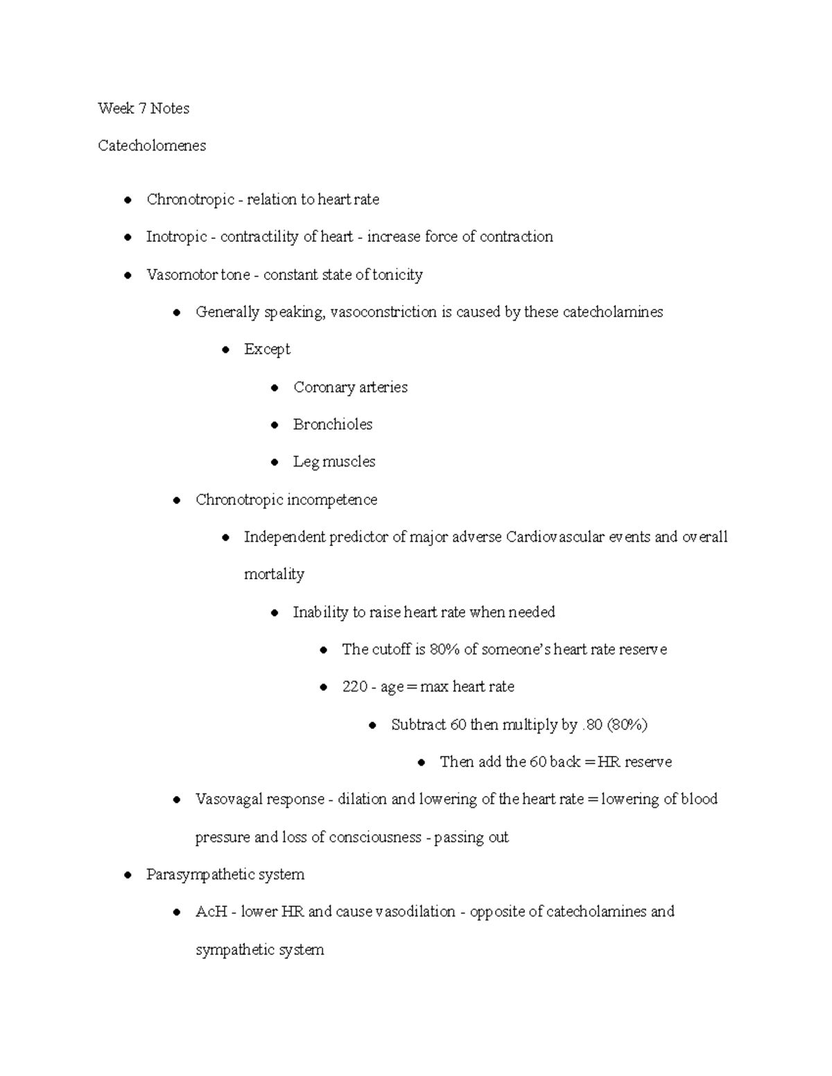 Week 7 Notes 340 - Week 7 Notes Catecholomenes Chronotropic - relation ...