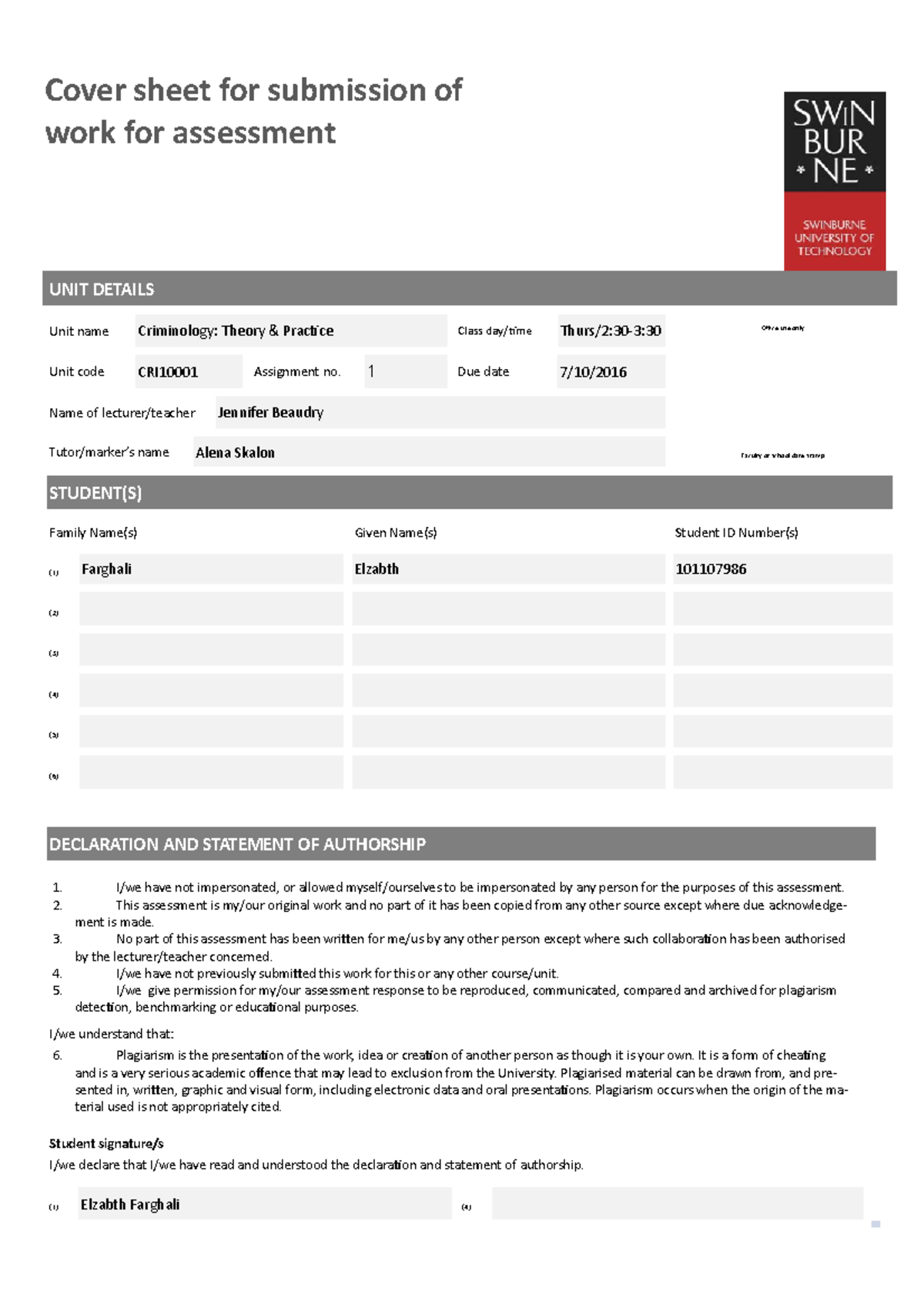 CRIM - Finished Assingment - Cover sheet for submission of work for ...