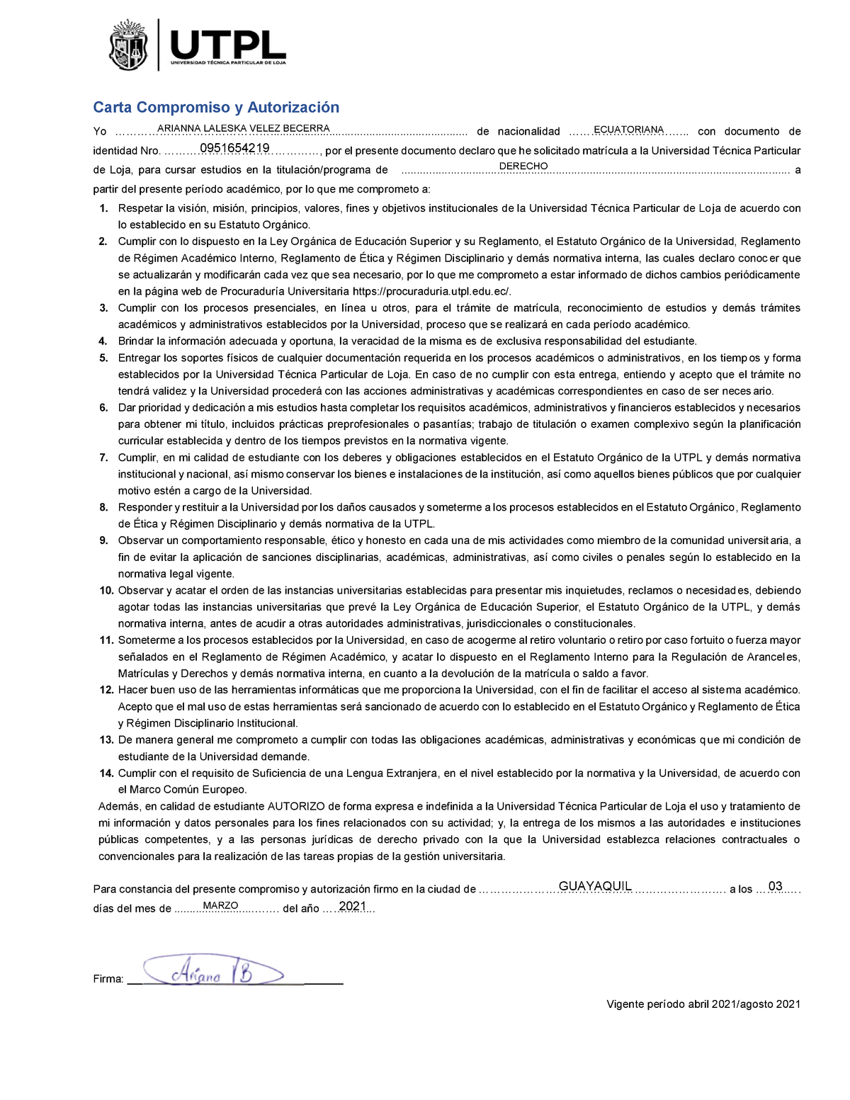 Carta De Compromiso Utpl Vigente Período Abril 2021agosto 2021 Carta Compromiso Y 8941