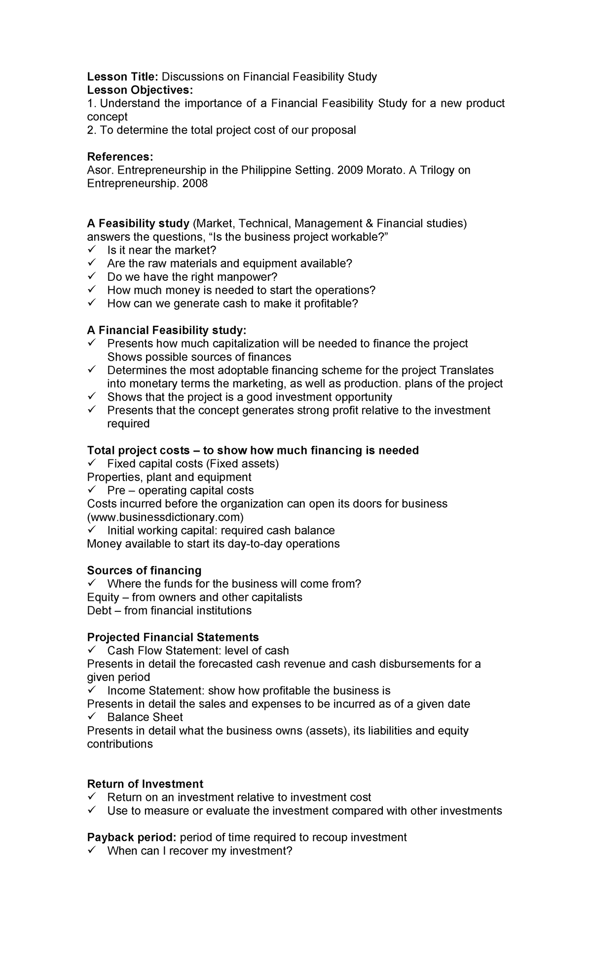 Discussions on Financial Feasibility Study - Entrepreneurship in the ...