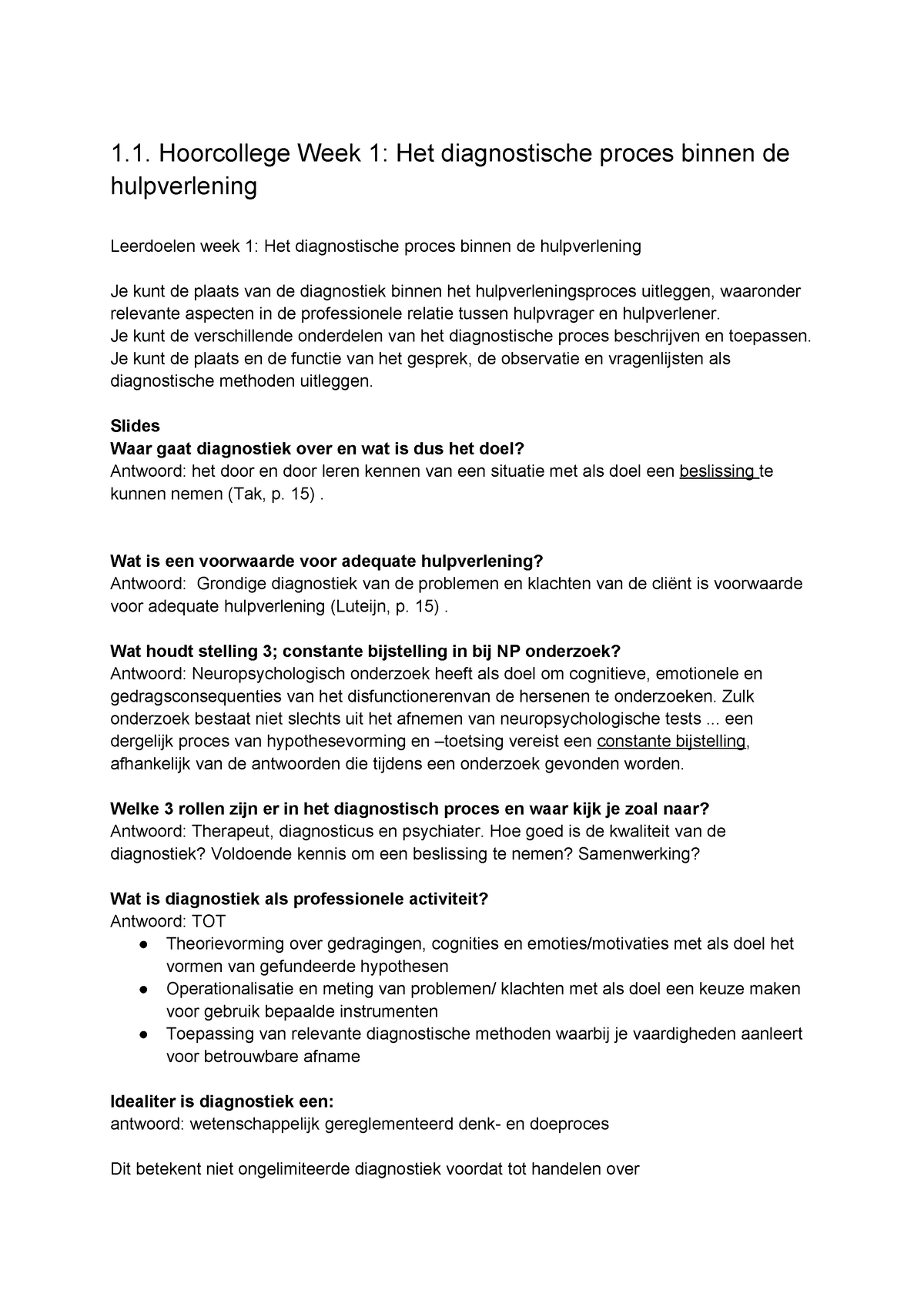 Oefenvragen Week Hoorcollege Week Het Diagnostische Proces Binnen De Hulpverlening