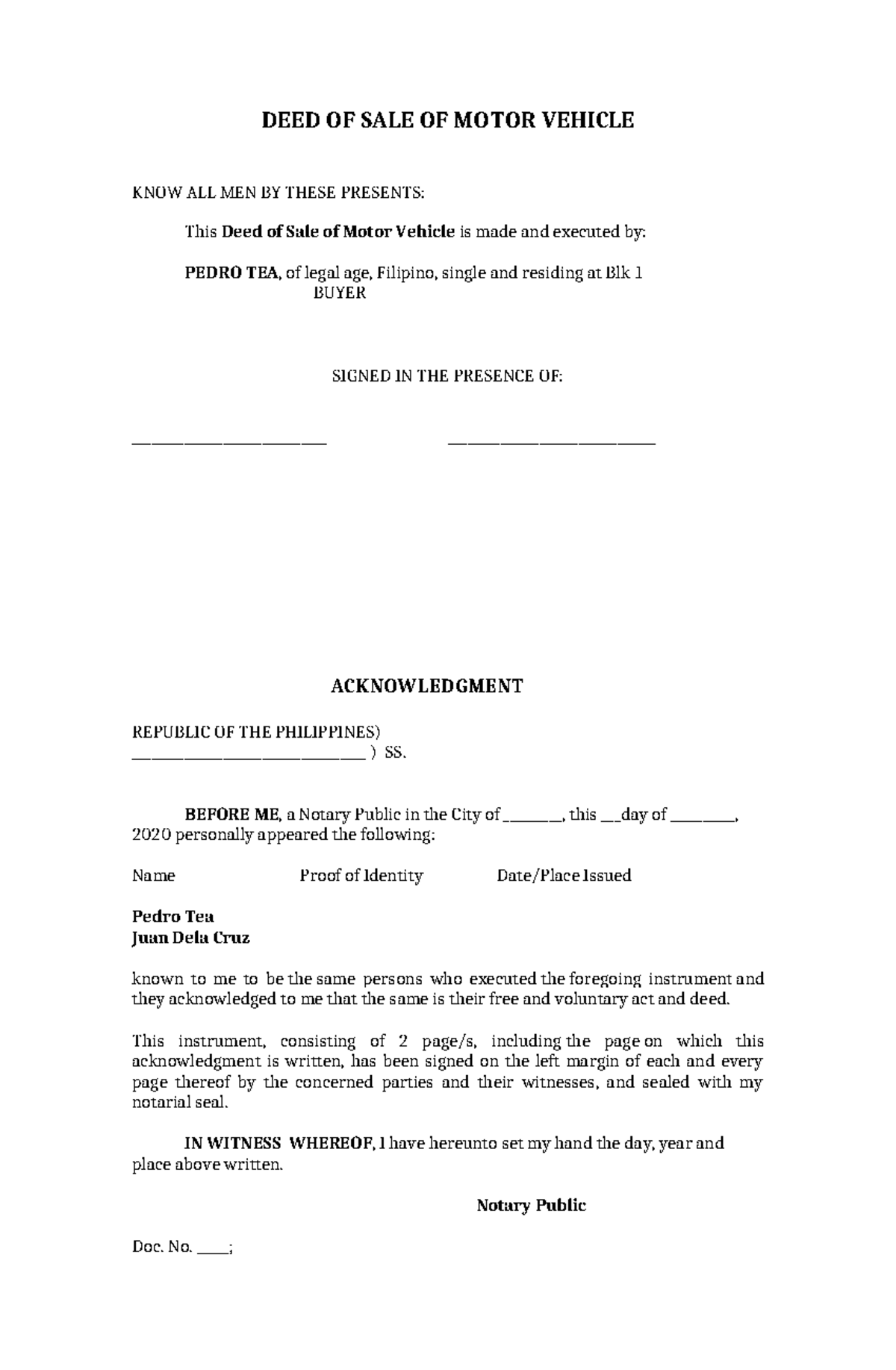 Deeof-Motor-Vehicle - DEED OF SALE OF MOTOR VEHICLE KNOW ALL MEN BY ...