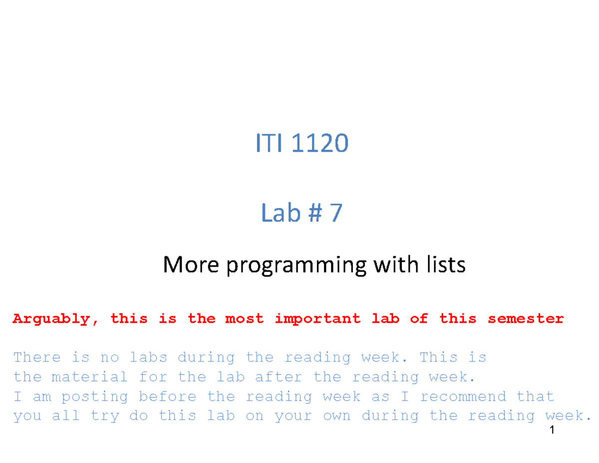 Lab7 - lab 7 questions - ITI 1120 Lab # 7 More programming with lists 1 ...