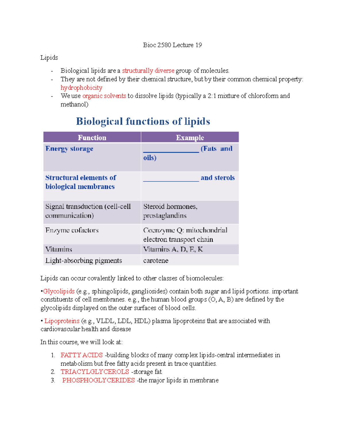 Bioc Lecture 19 Notes - Bioc 2580 Lecture 19 Lipids Biological Lipids Are A Structurally Diverse ...