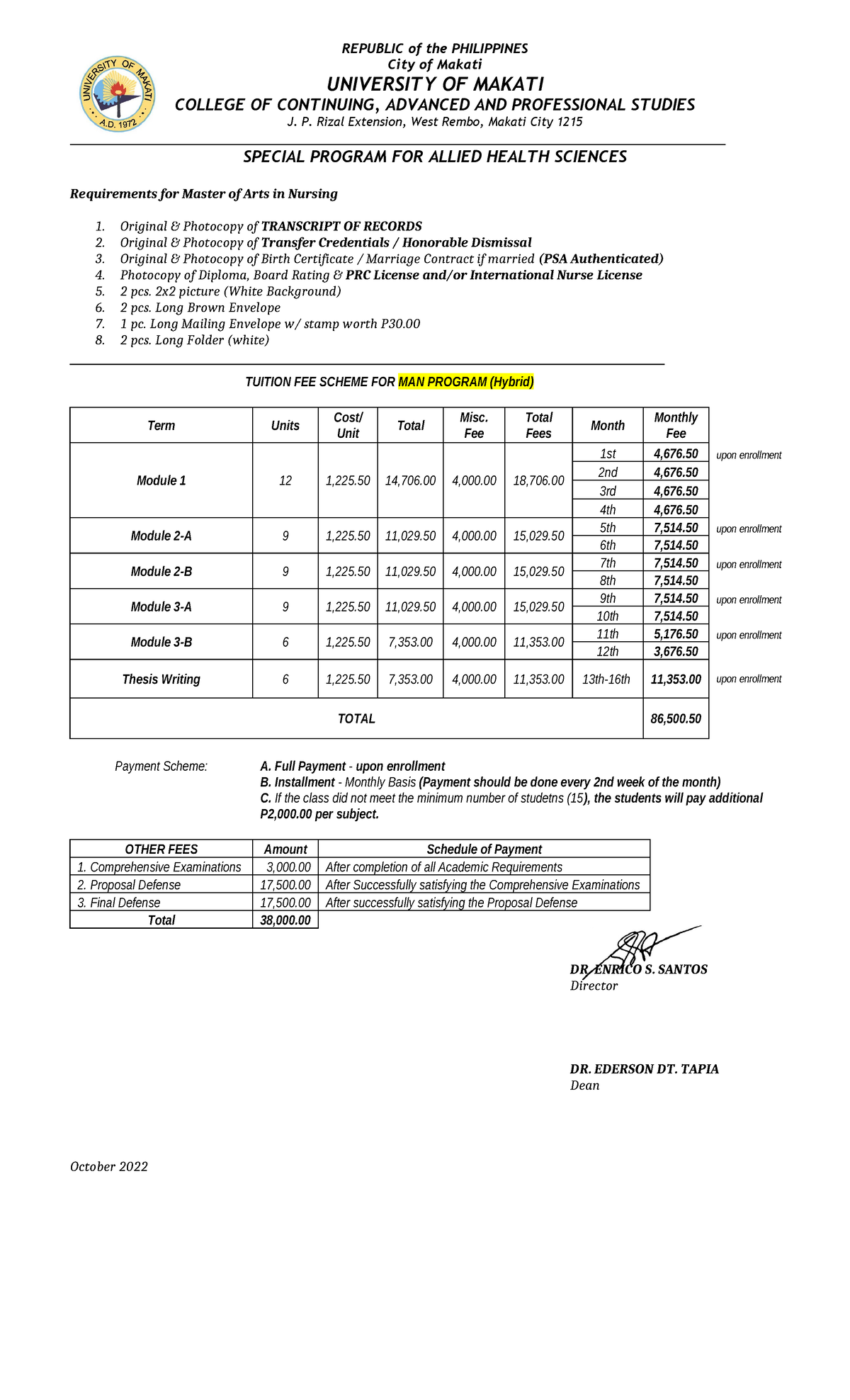 MAN List of Requirements Tuition Hybrid - REPUBLIC of the PHILIPPINES ...