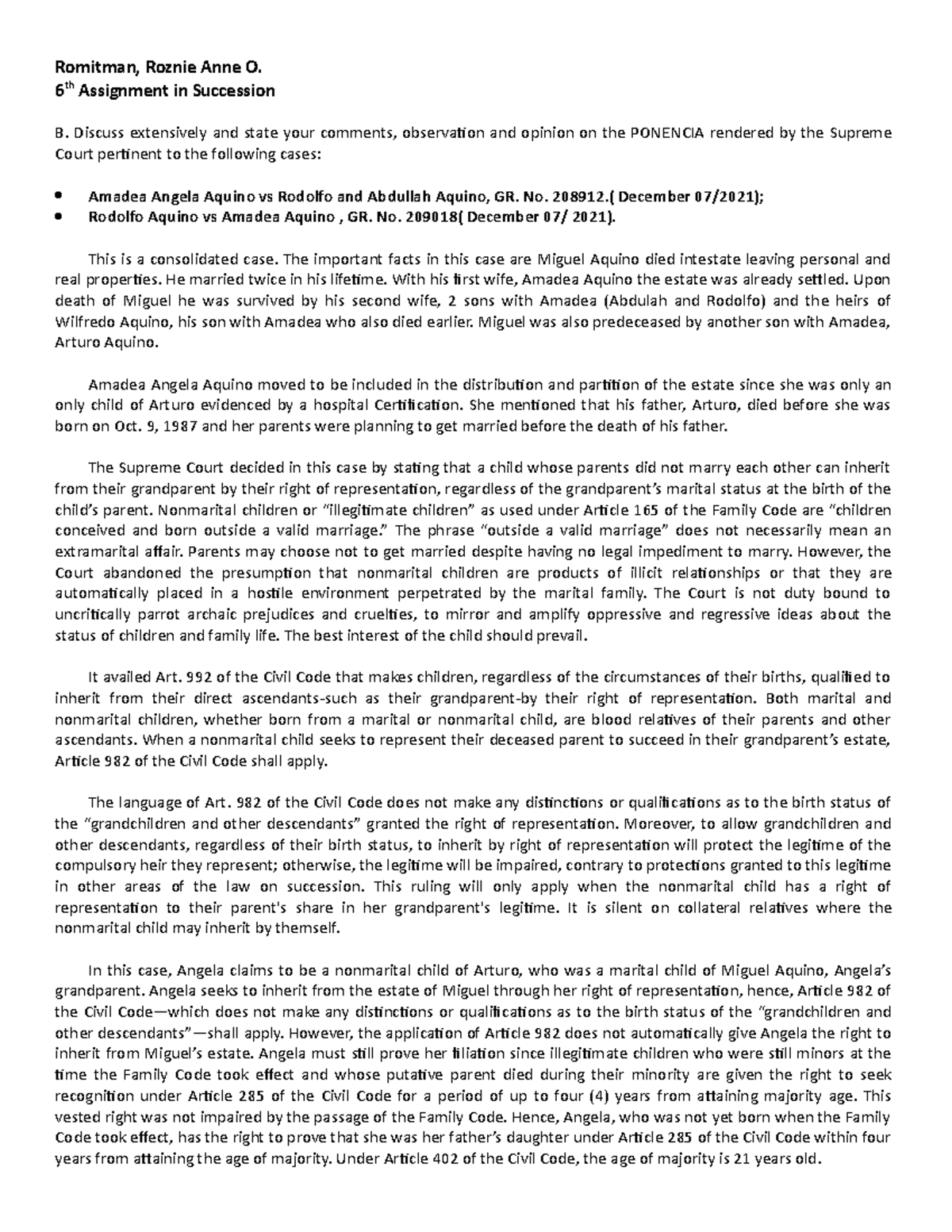 6TH Assignment Romitman, Roznie Anne O. 6 th Assignment in Succession B. Discuss extensively