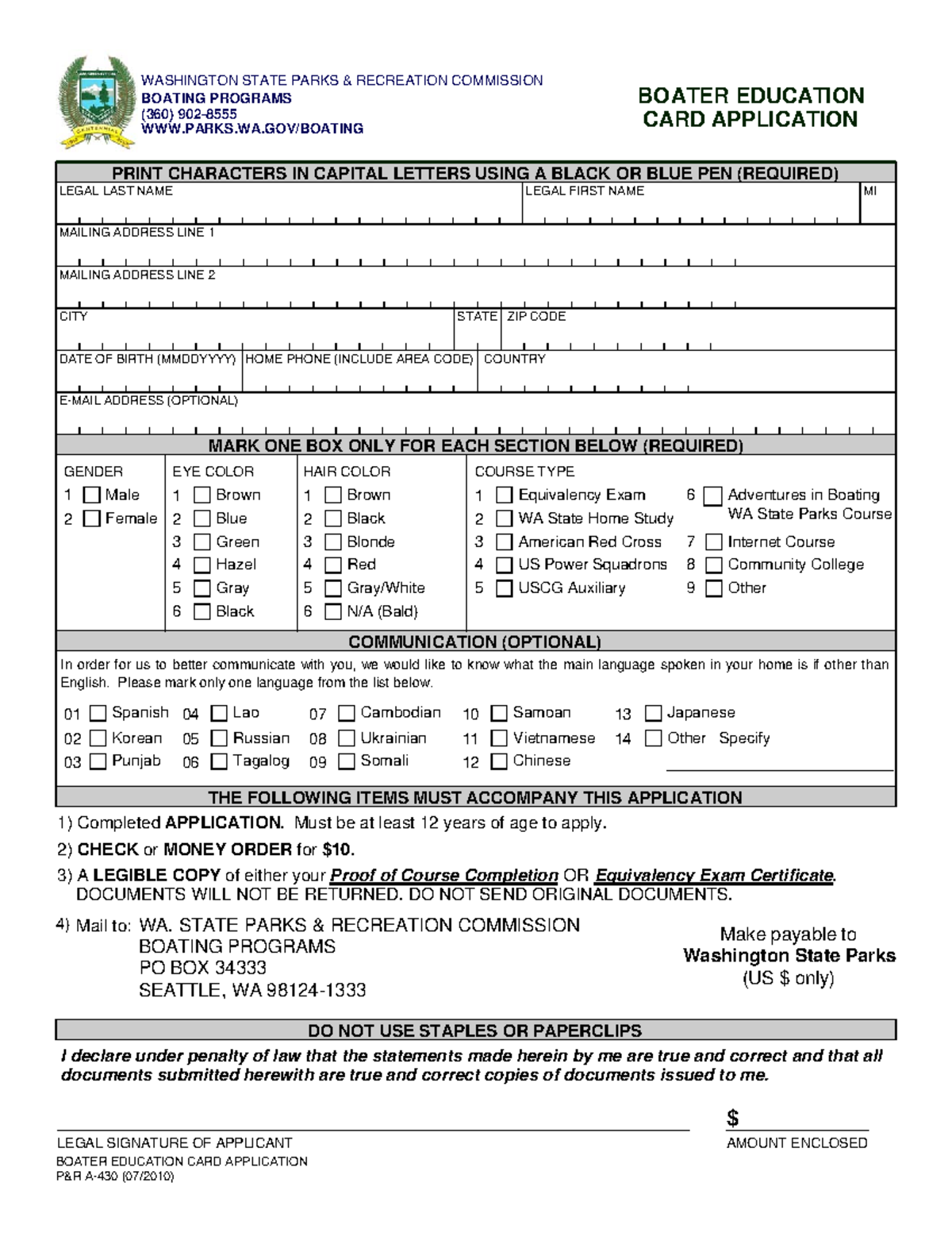 WA Boater Education Card Application WASHINGTON STATE PARKS