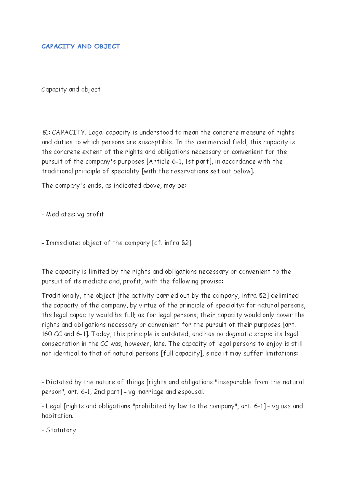 Capacity AND Object 2 Summaries Commercial law University of Memphis