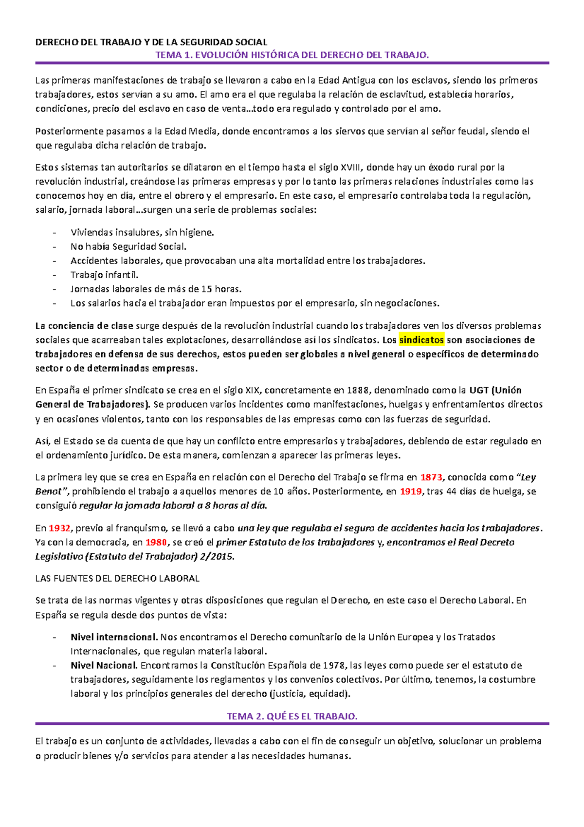 Derecho del trabajo y de la seguridad social - TEMA 1. EVOLUCIÓN ...