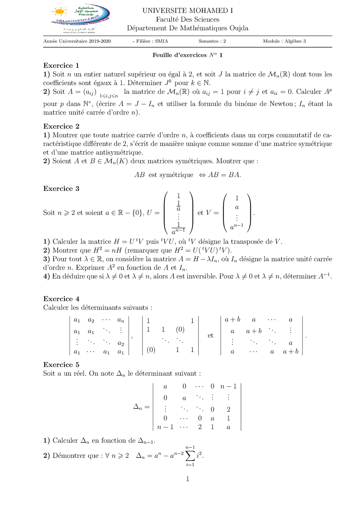 TD1 Algèbre 3 SMIA 2019-2020 - UNIVERSITE MOHAMED I Facult ́e Des ...