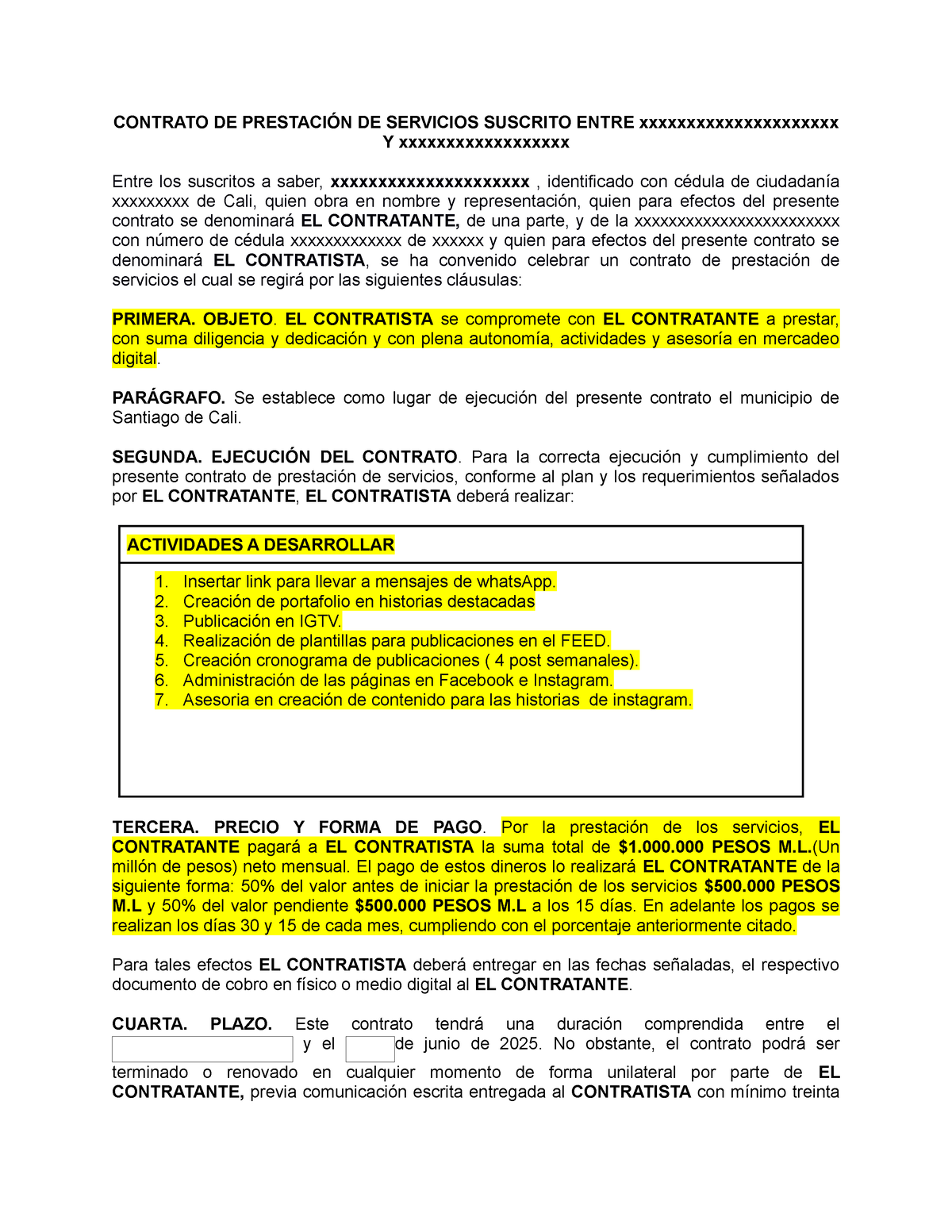 Contrato por prestacion de servicios ejemplo CONTRATO DE PRESTACIÓN DE SERVICIOS SUSCRITO