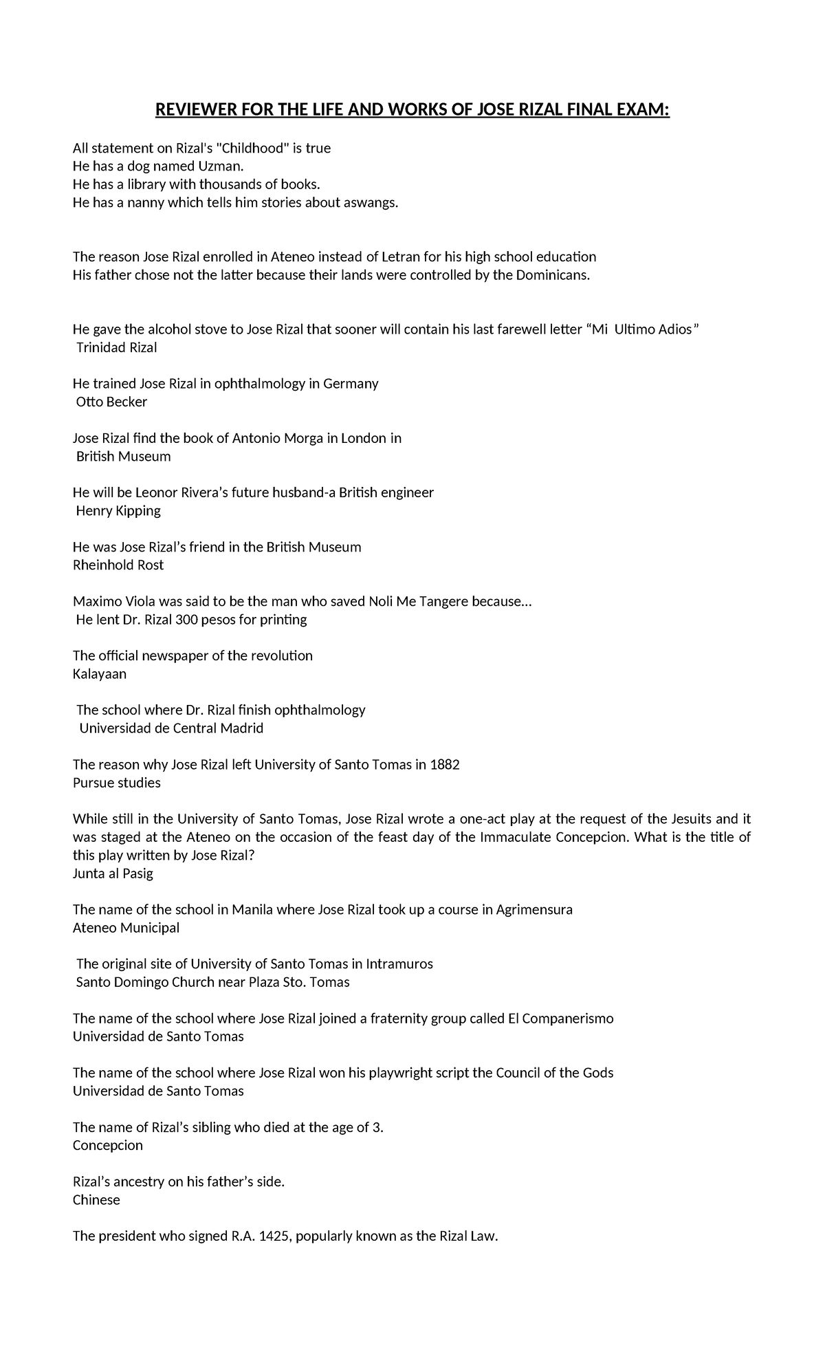 Final Reviewer Rizal Final EXAM - REVIEWER FOR THE LIFE AND WORKS OF ...