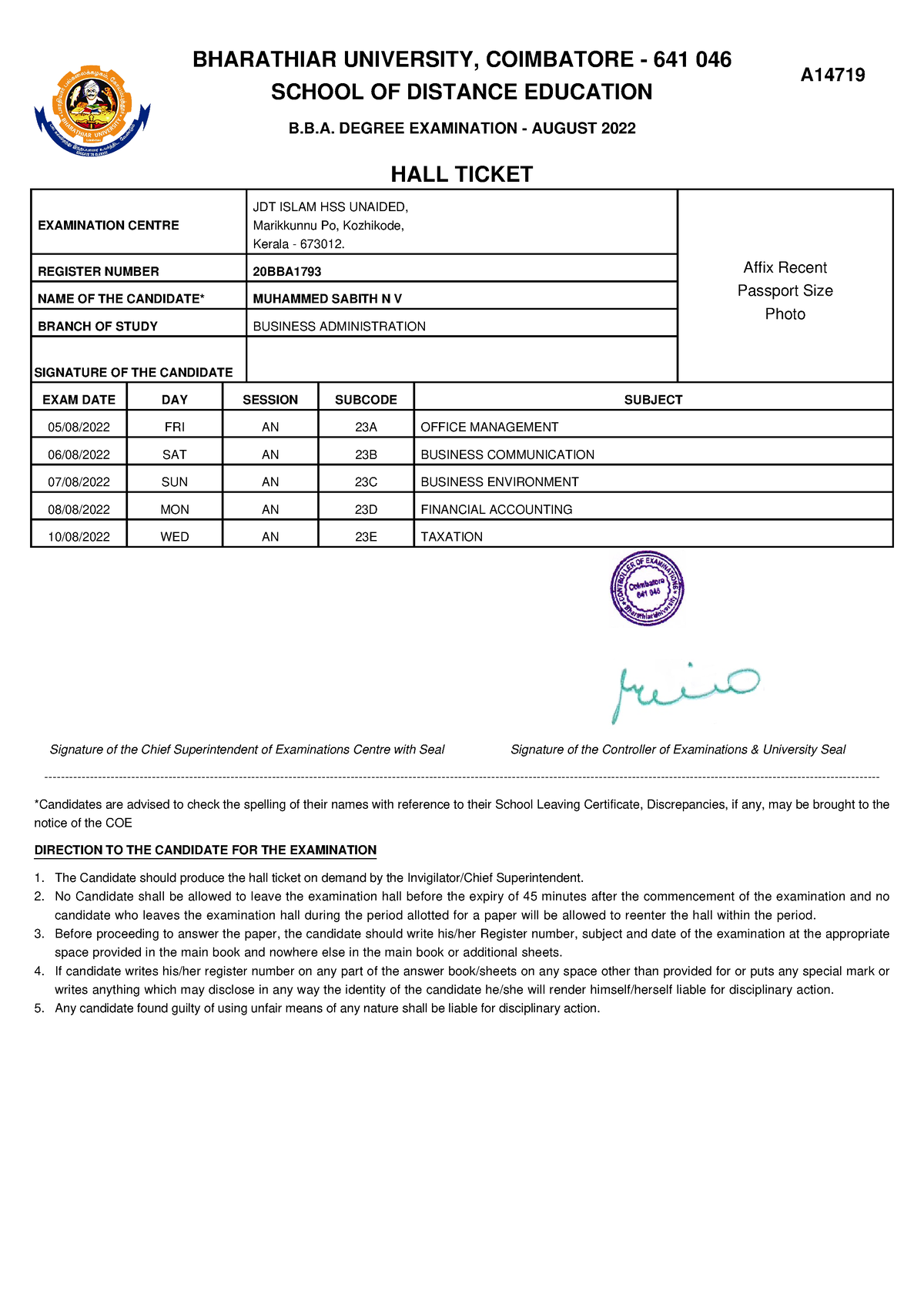 Hall Ticket - BHARATHIAR UNIVERSITY, COIMBATORE - 641 046 SCHOOL OF ...