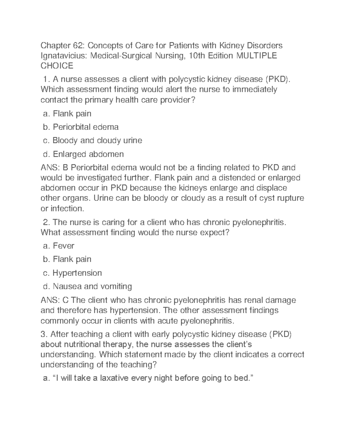 Med Surg Ch62 Study Guide Chapter 62 Concepts of Care for Patients with Kidney Disorders