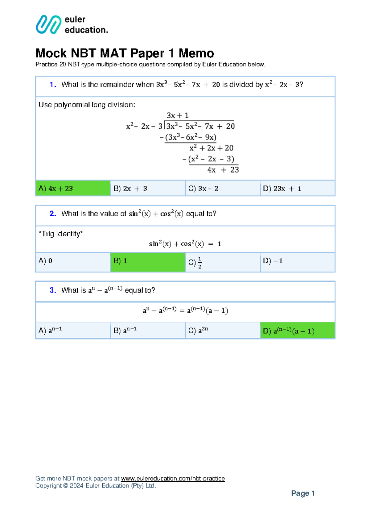 NBT MAT Paper 1 memo - Get more NBT mock papers at eulereducation/nbt ...