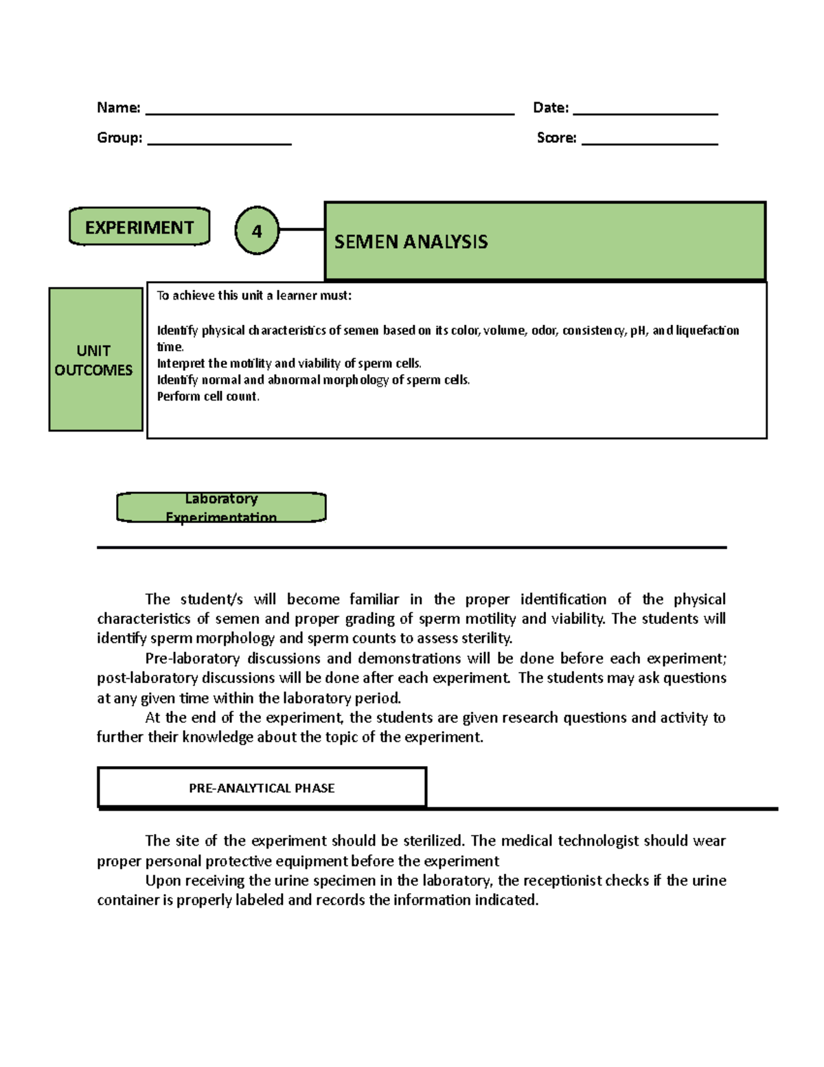 Lab4 SA laboratory sheets EXPERIMENT 4 SEMEN ANALYSIS UNIT