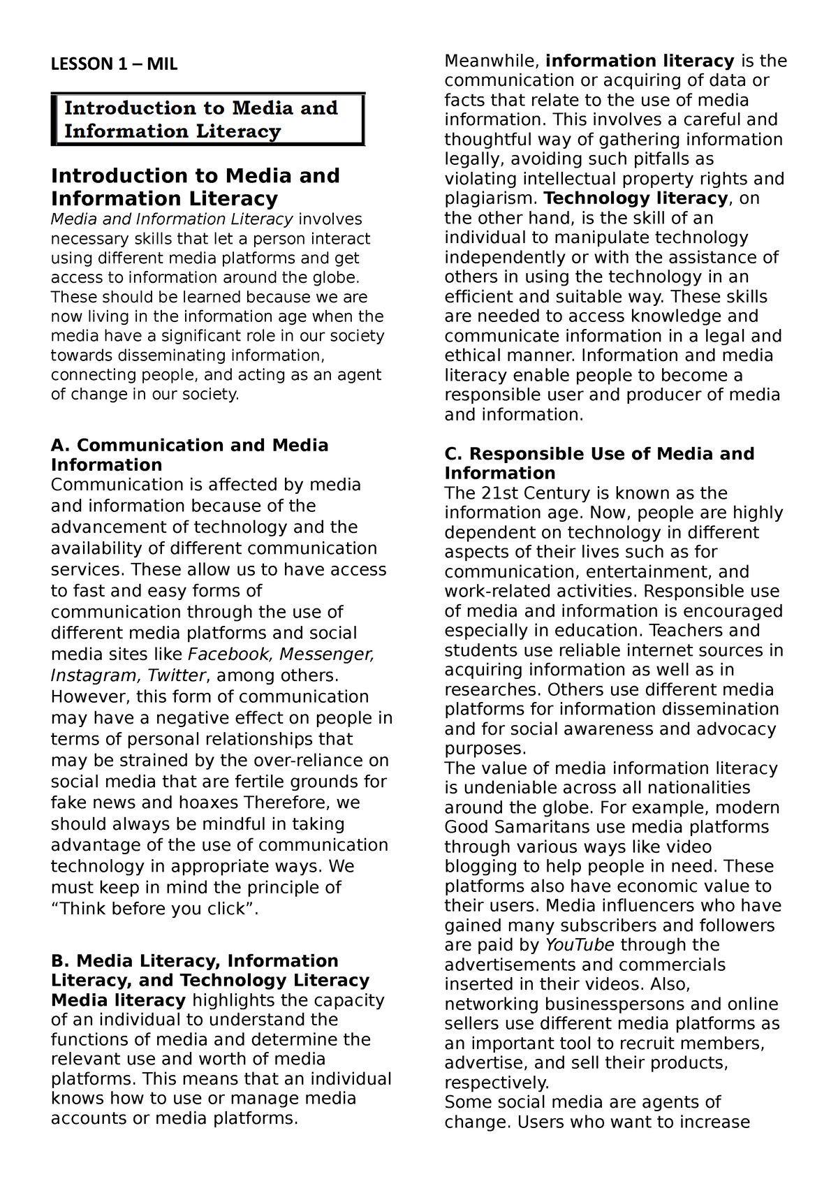 Lesson 1 Introduction TO MIL - LESSON 1 – MIL Introduction To Media And ...