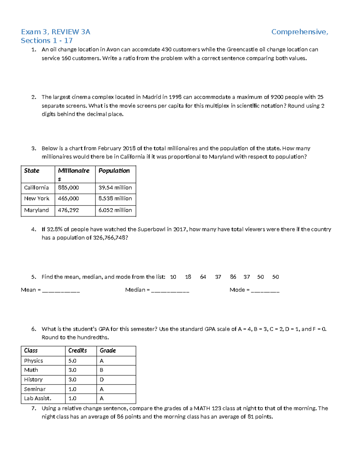 Review 3A - Study Guide - Exam 3, REVIEW 3A Comprehensive, Sections 1 ...