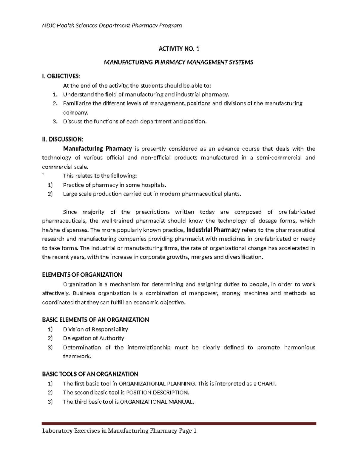 Activity NO 1 - Hdnf - ACTIVITY NO. 1 MANUFACTURING PHARMACY MANAGEMENT ...