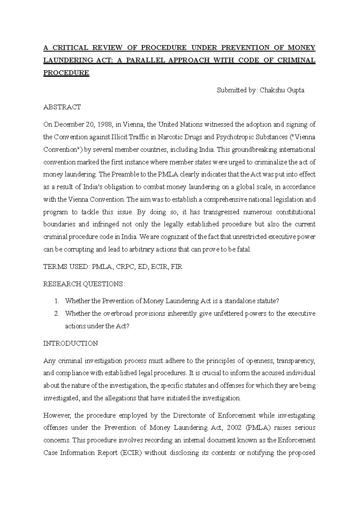 Sample Writing A Critical Review OF Procedure Under Prevention OF Money ...