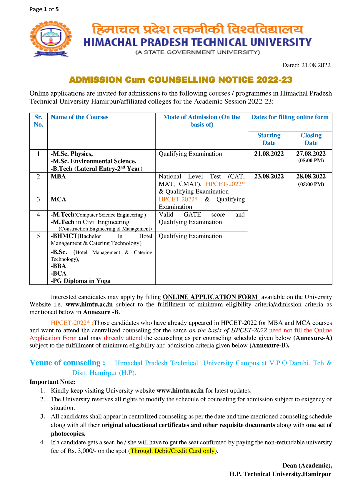 21082022-Couseling-Schedule-MSC-B.TECH-LEET-MBA-MCA 20 - Dated: 21 ...